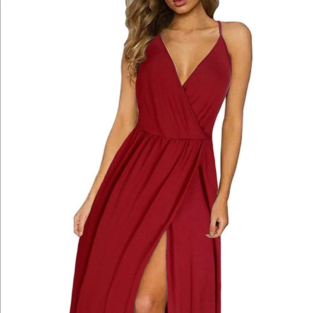 💃🏻Red V-Neck Backless Split Maxi Dress